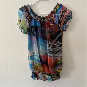 Vintage B Wear Womens Abstract Blouse Size S Semi Sheer Y2K Artsy Fairycore